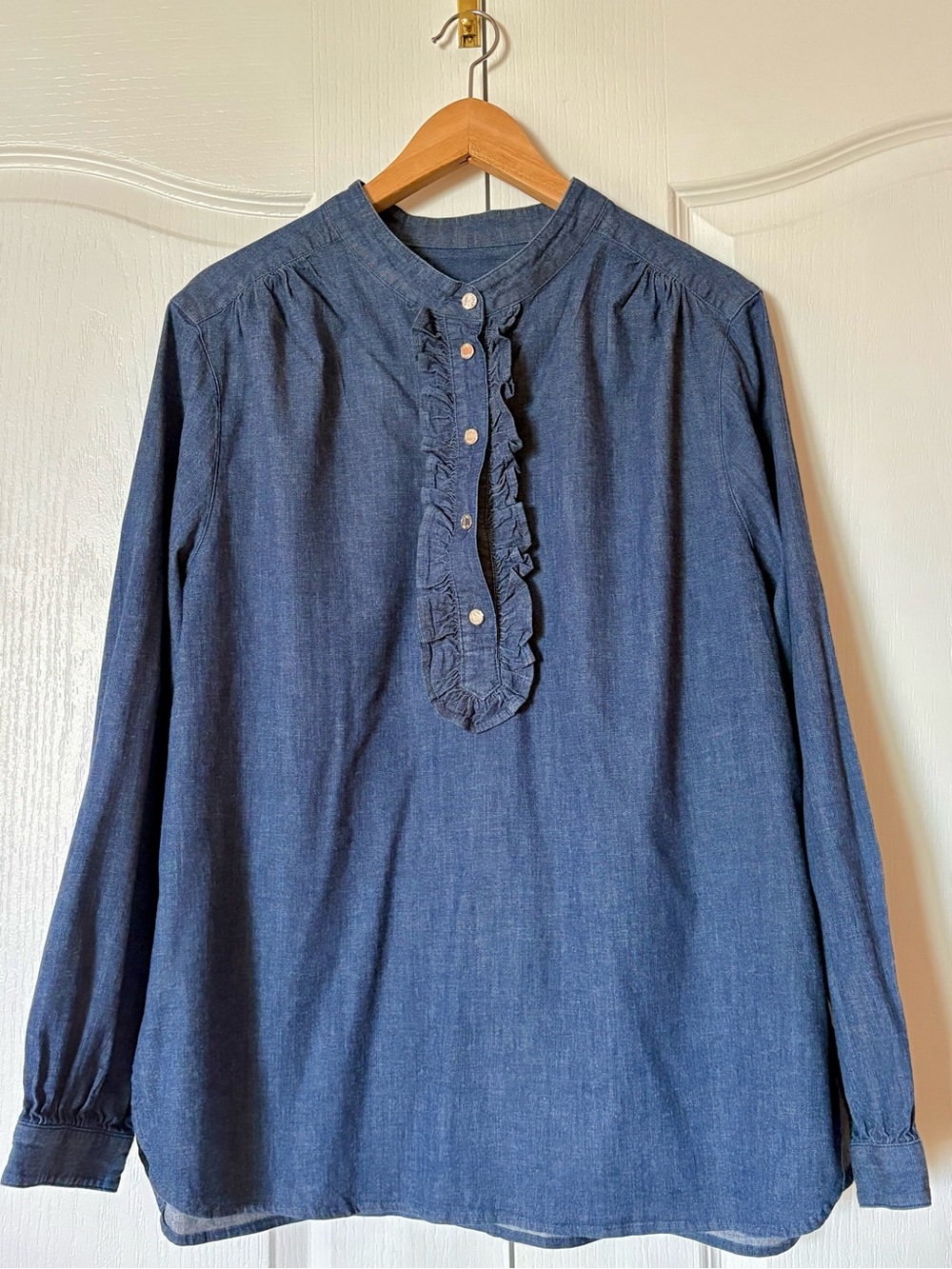 Anne Klein Women's Navy Ruffle-Front Long Sleeve Shirt Size XL